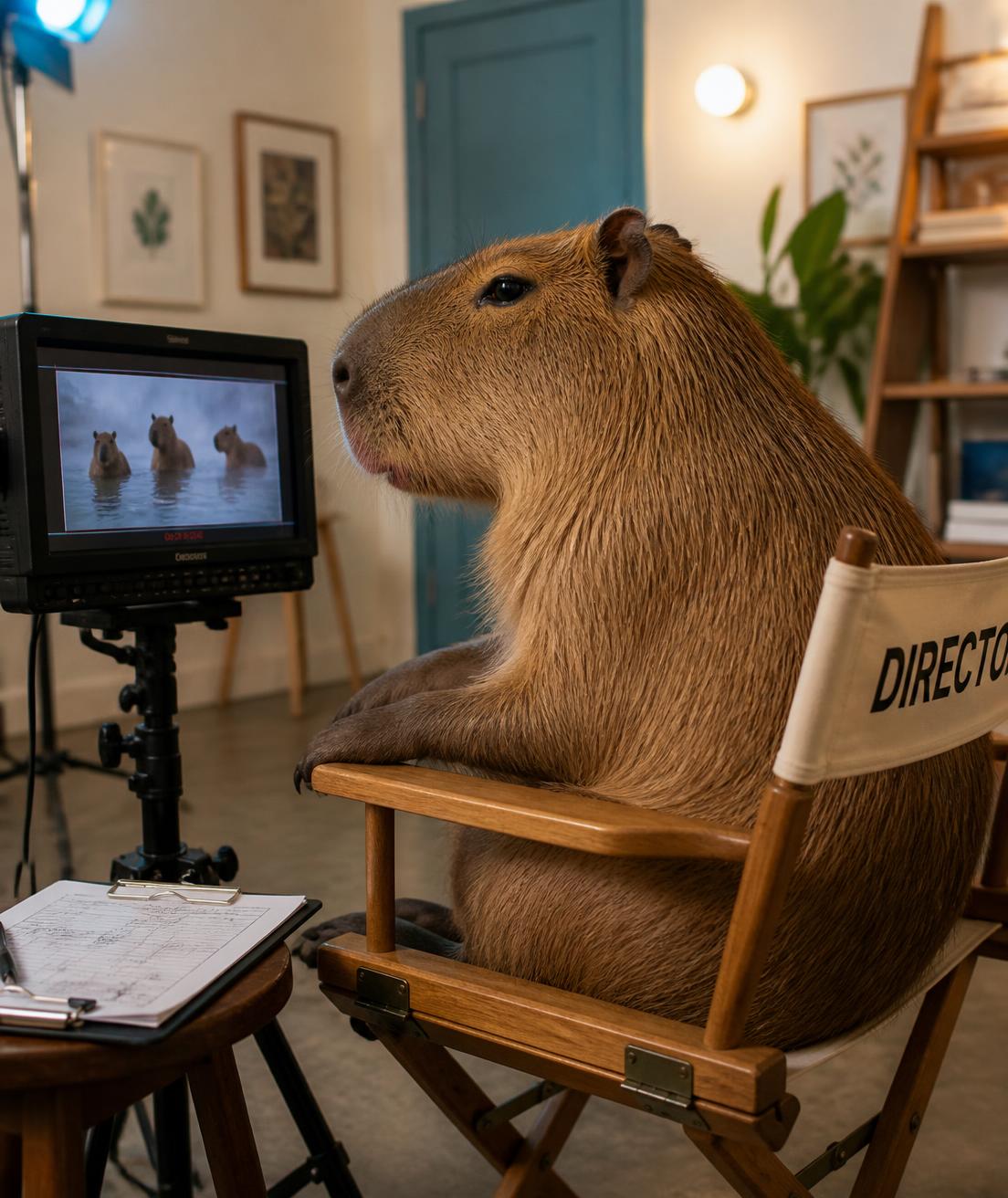 A capybara sitting in a director's chair, reviewing footage of capybaras in a hot spring