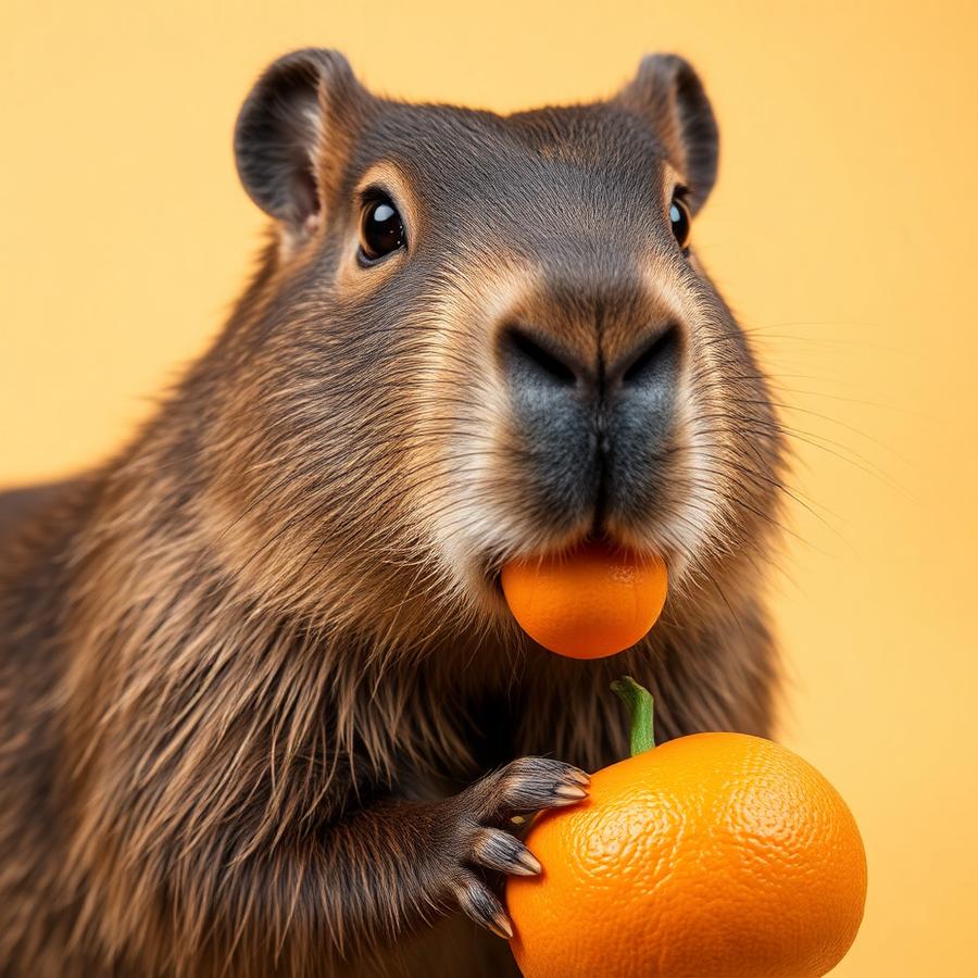 A capybara holding a small orange