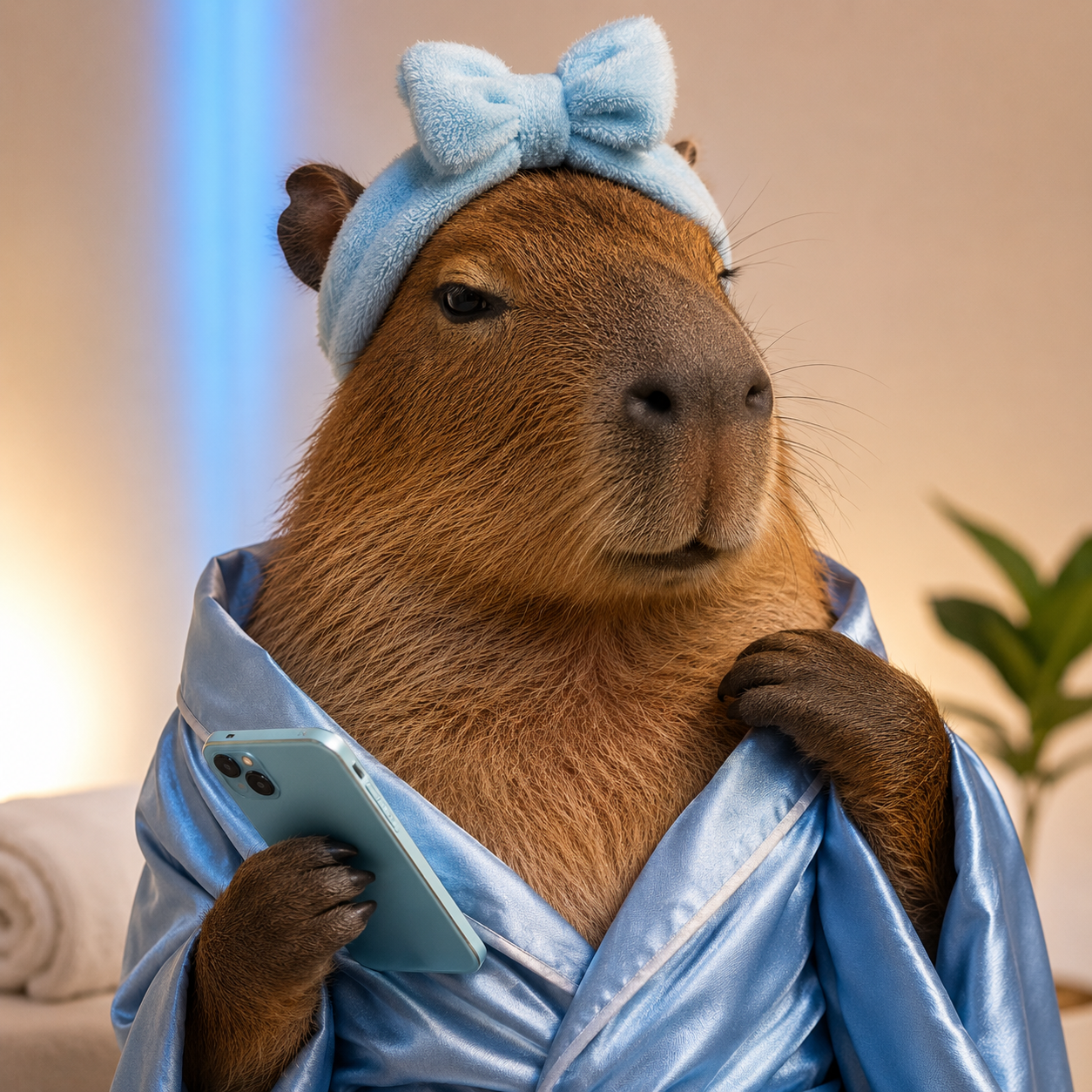 A capybara wrapped in a blue silk robe, scrolling on a phone