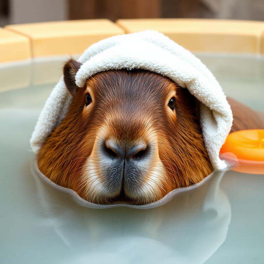 A capybara wearing a towel while soaking in a tub