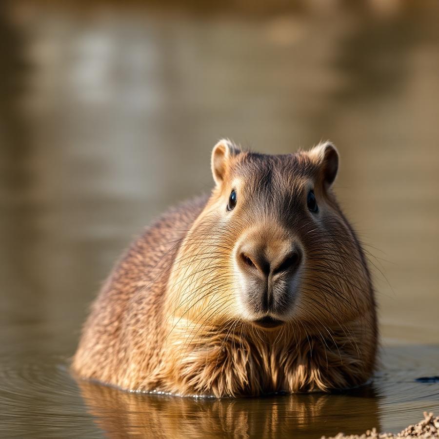 Close-up of a capybara peeking out of the water