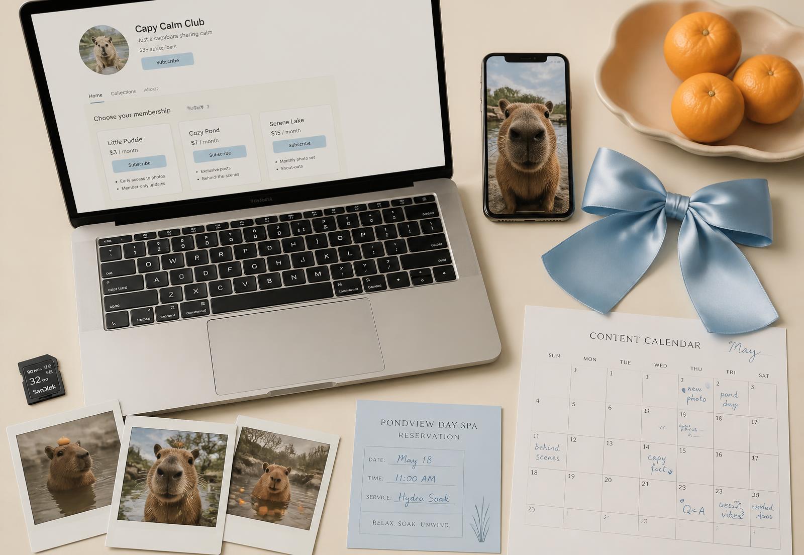 A creator's desk with a laptop, phone, oranges, a ribbon, and a content calendar