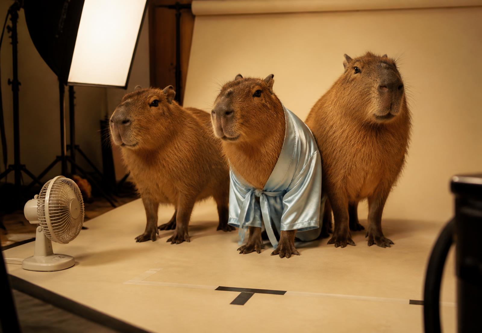 Three capybaras posing in a photo studio, one wearing a light blue silk robe